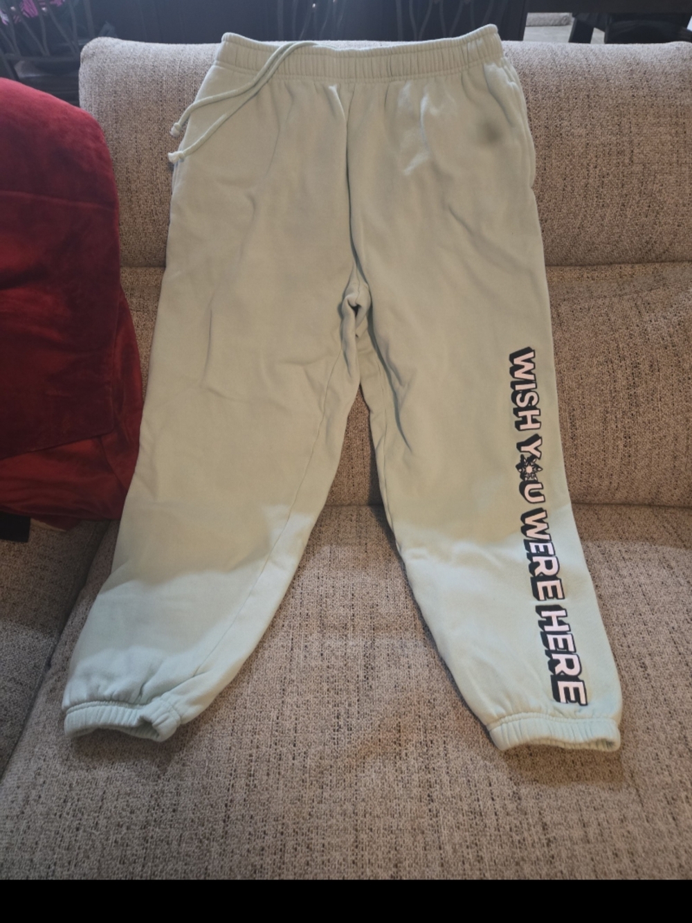 PINK Victoria's Secret Light Sage Kids Sweatpants with Side 'WISH YOU WERE HERE'